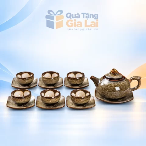 Bộ ấm chén hỏa biến Gấm dáng quả hồng với sáu chén không quai