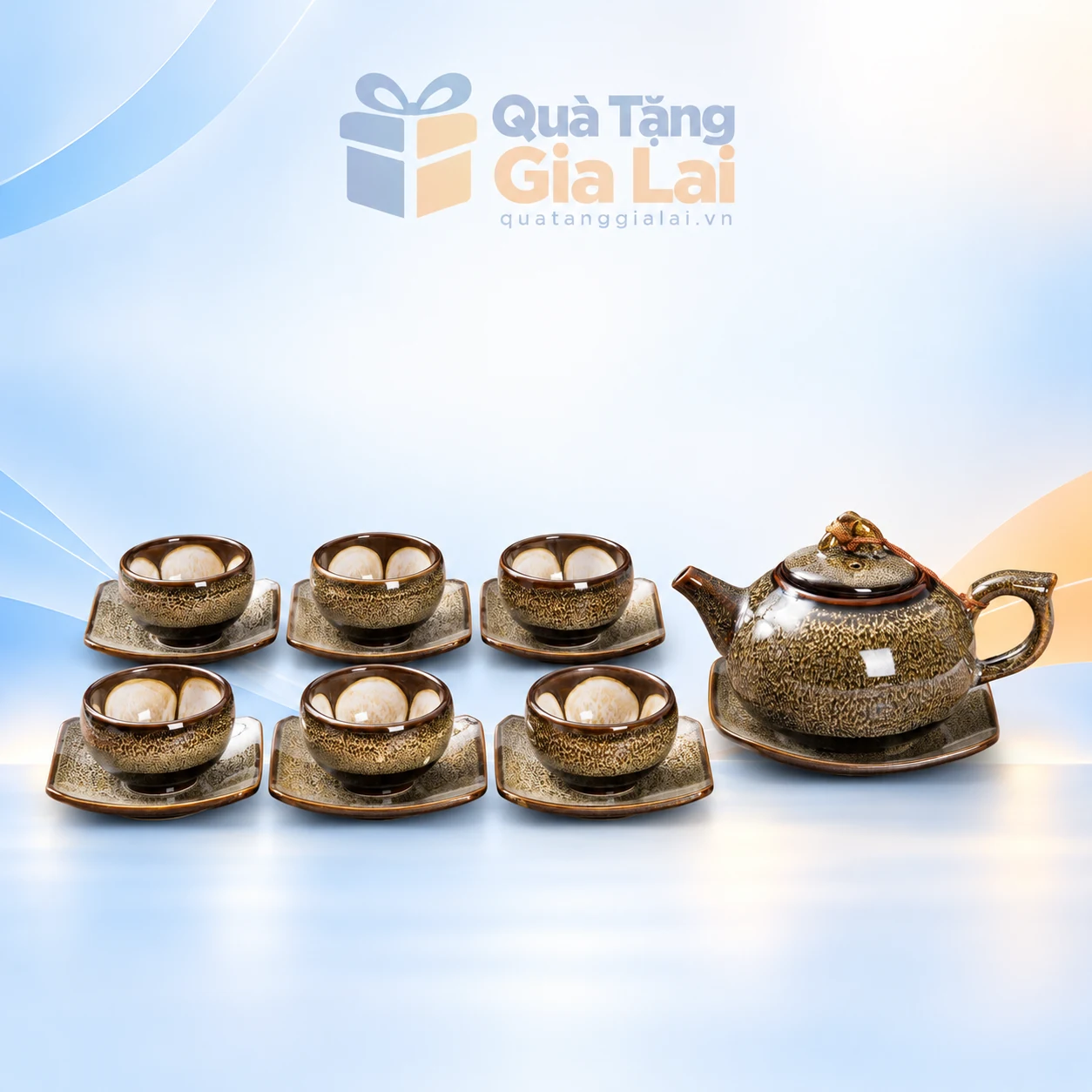 Bộ ấm chén hỏa biến Gấm dáng quả hồng với sáu chén không quai
