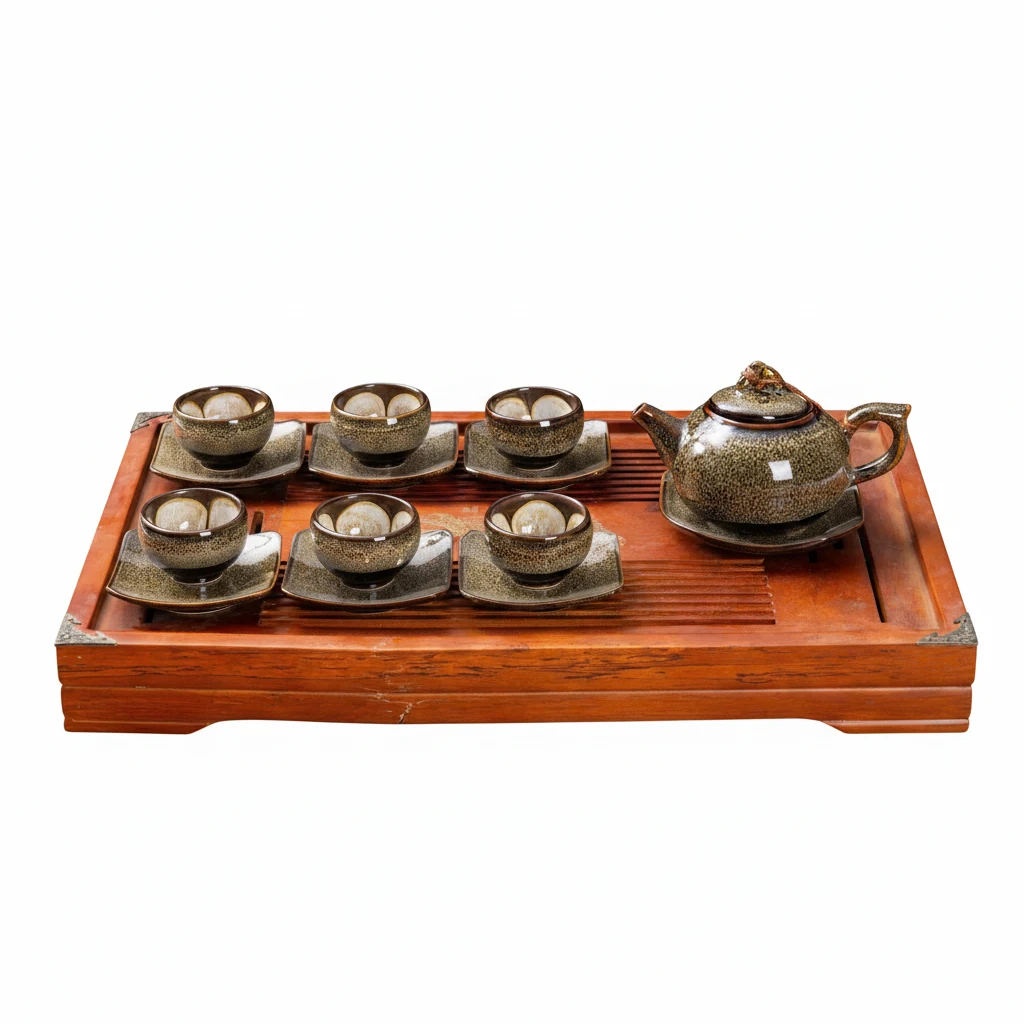Toàn bộ ấm chén Gấm dáng quả hồng bày trên khay gỗ