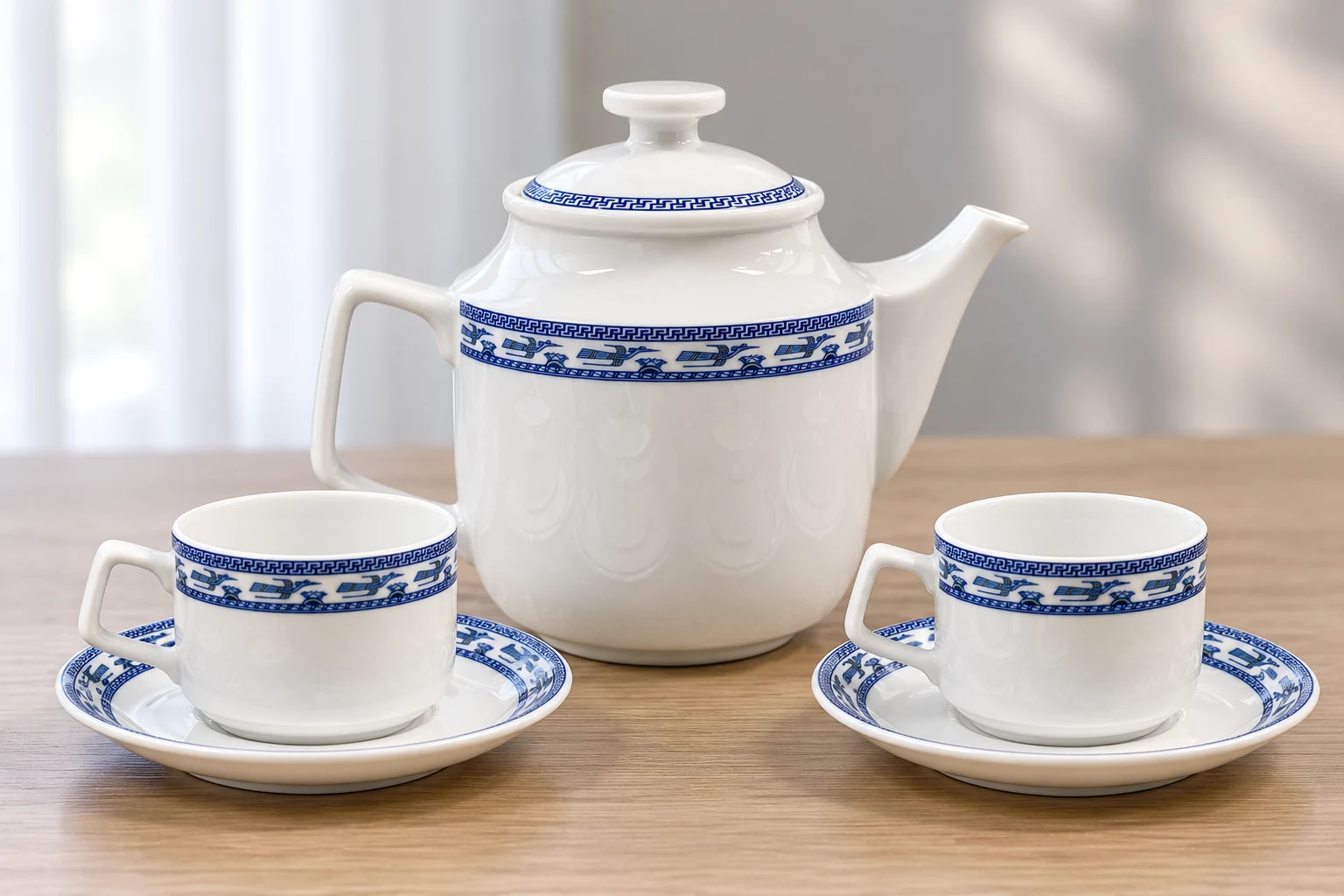 Ấm Jasmine Chim Lạc và hai chén trên bàn trà gia đình