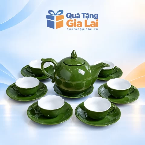 Bộ ấm chén mẫu đơn số 2 men xanh lá với sáu chén có quai