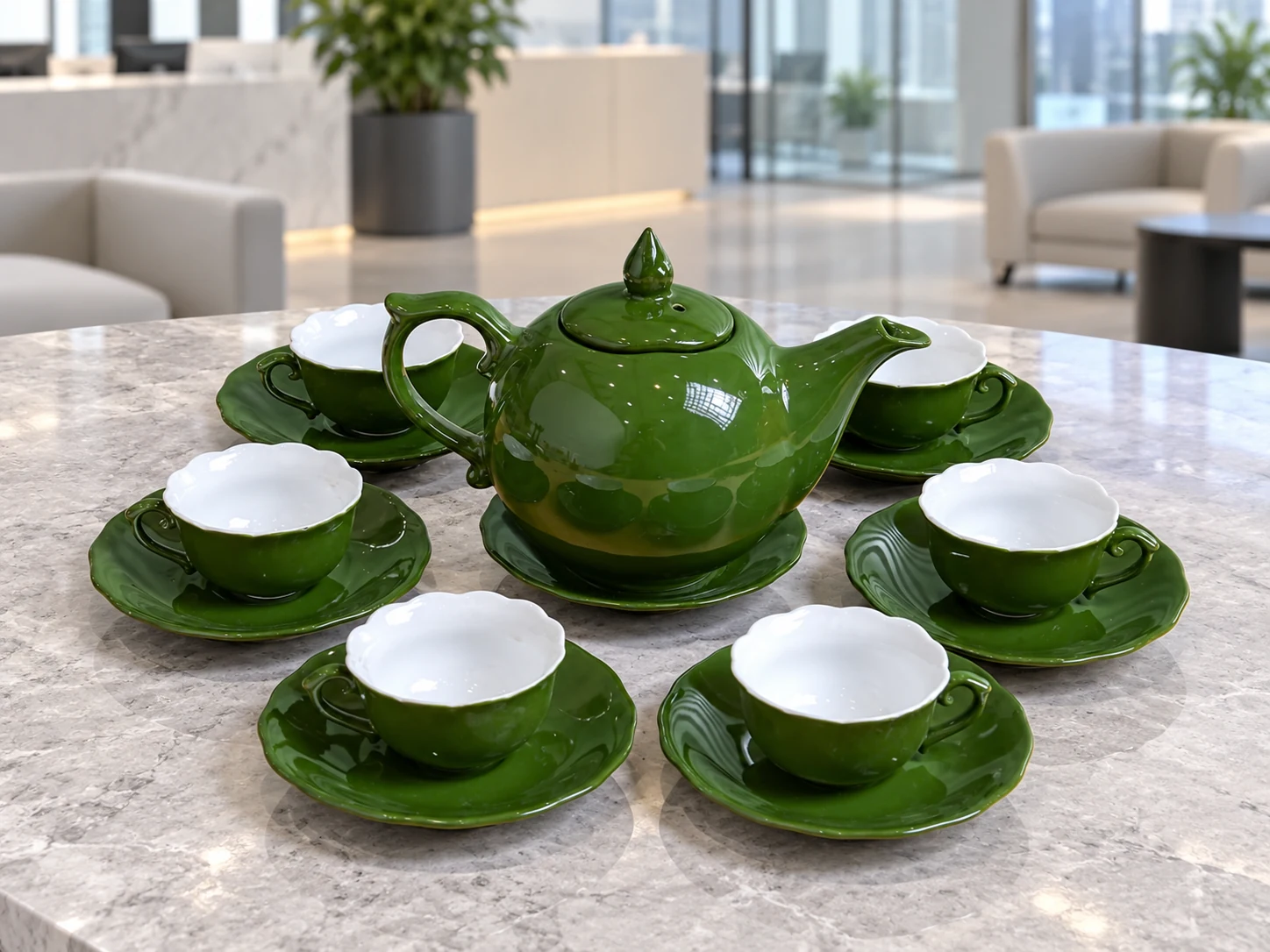 Bộ trà mẫu đơn xanh lá bày đủ sáu chén ở bàn tiếp khách