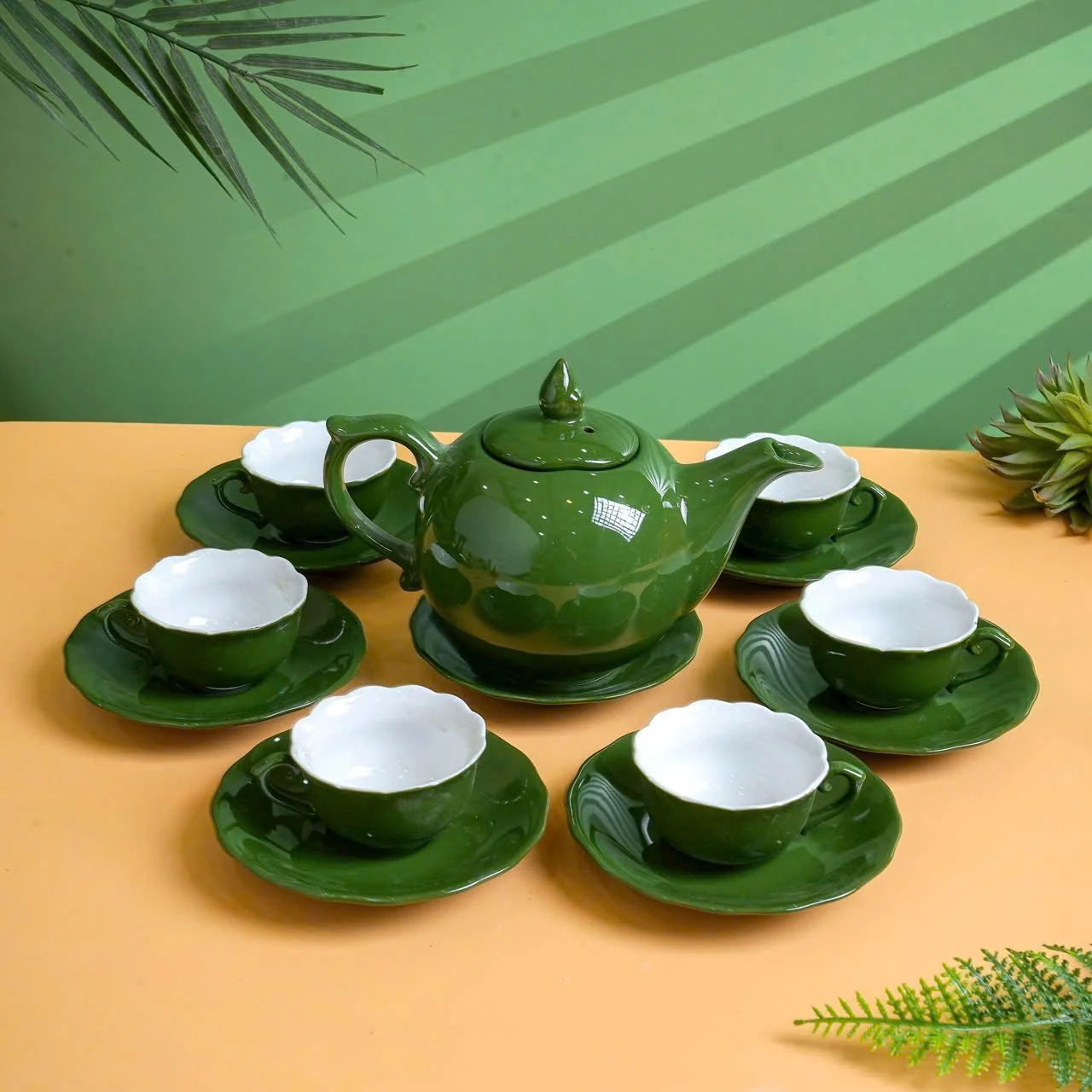 Bộ trà mẫu đơn men xanh lá đủ sáu chén có quai và đĩa kê