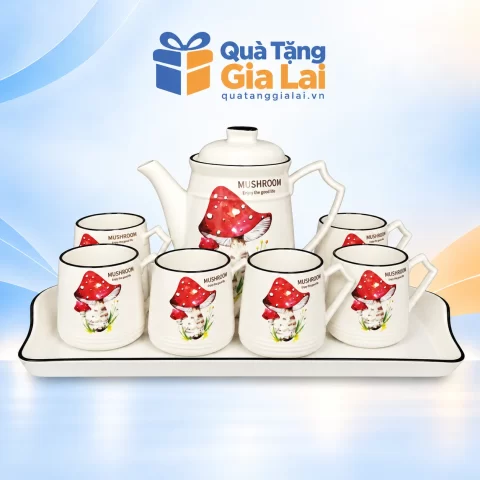 Bộ trà nấm đỏ 1 lít với sáu cốc có quai và khay chữ nhật viền đen