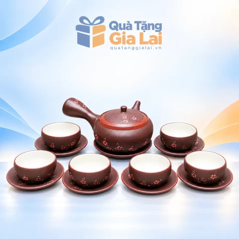 Bộ ấm chén nâu đào 04 tay cầm ngang với sáu chén không quai