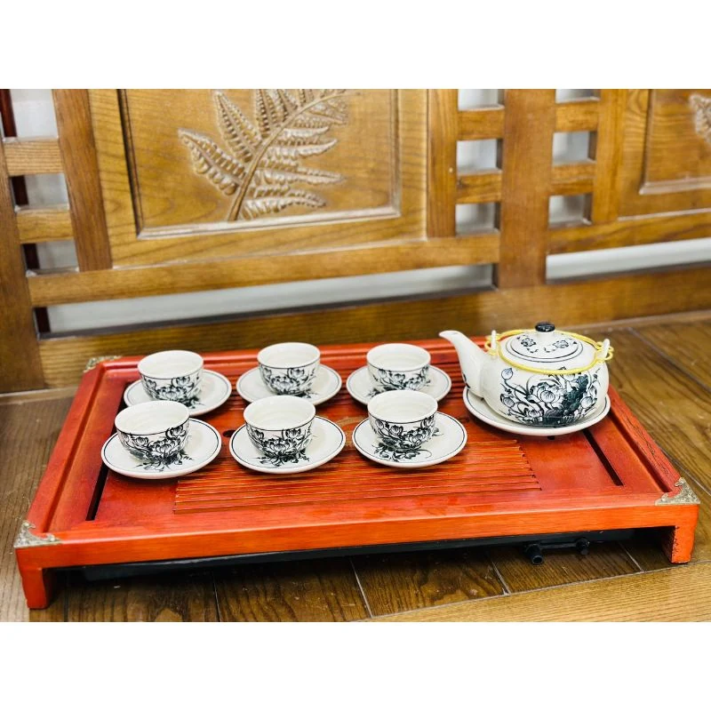 Bộ Nhật bóng 01 vẽ sen bày đủ sáu chén trên khay gỗ