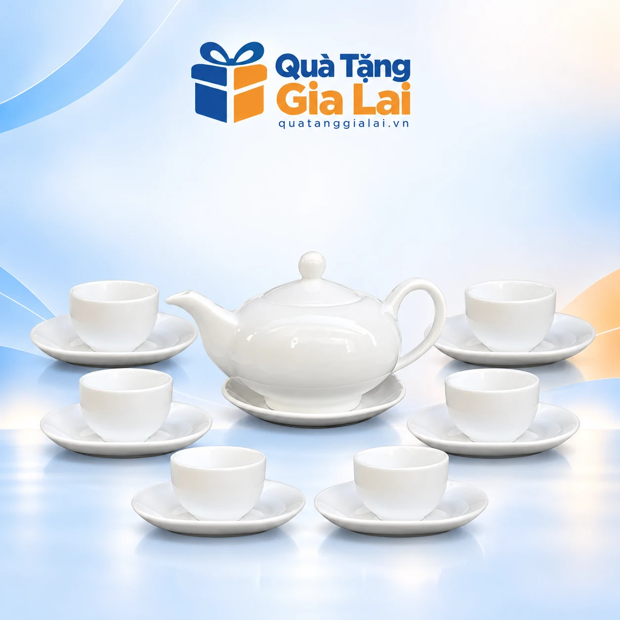 Bộ ấm chén trắng bong bóng 03 đủ sáu chén trên nền Gia Lai