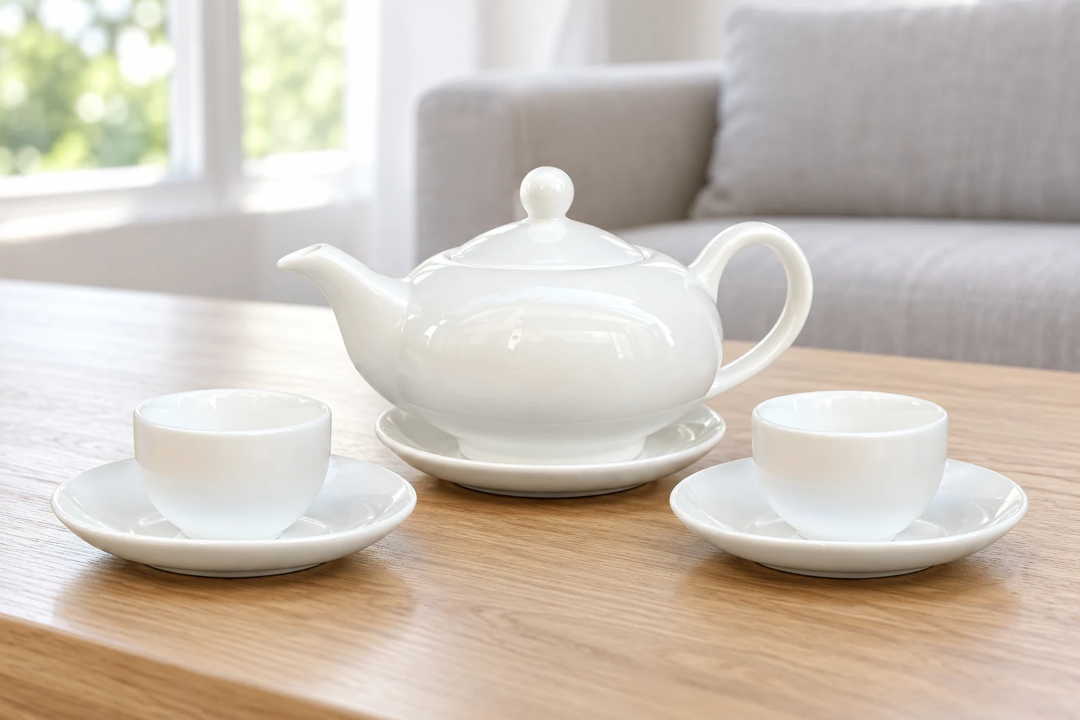 Cận ấm trắng bong bóng và hai chén có đĩa kê ở góc trà tại nhà