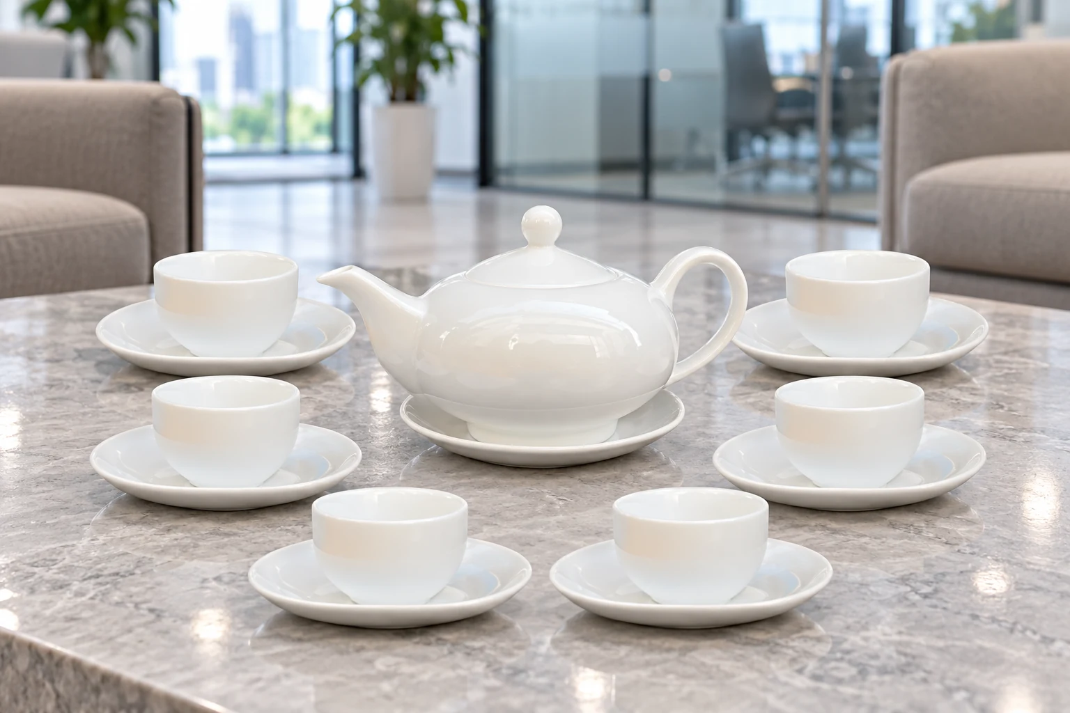 Bộ trà trắng bong bóng 03 bày đủ sáu chén trên bàn tiếp khách