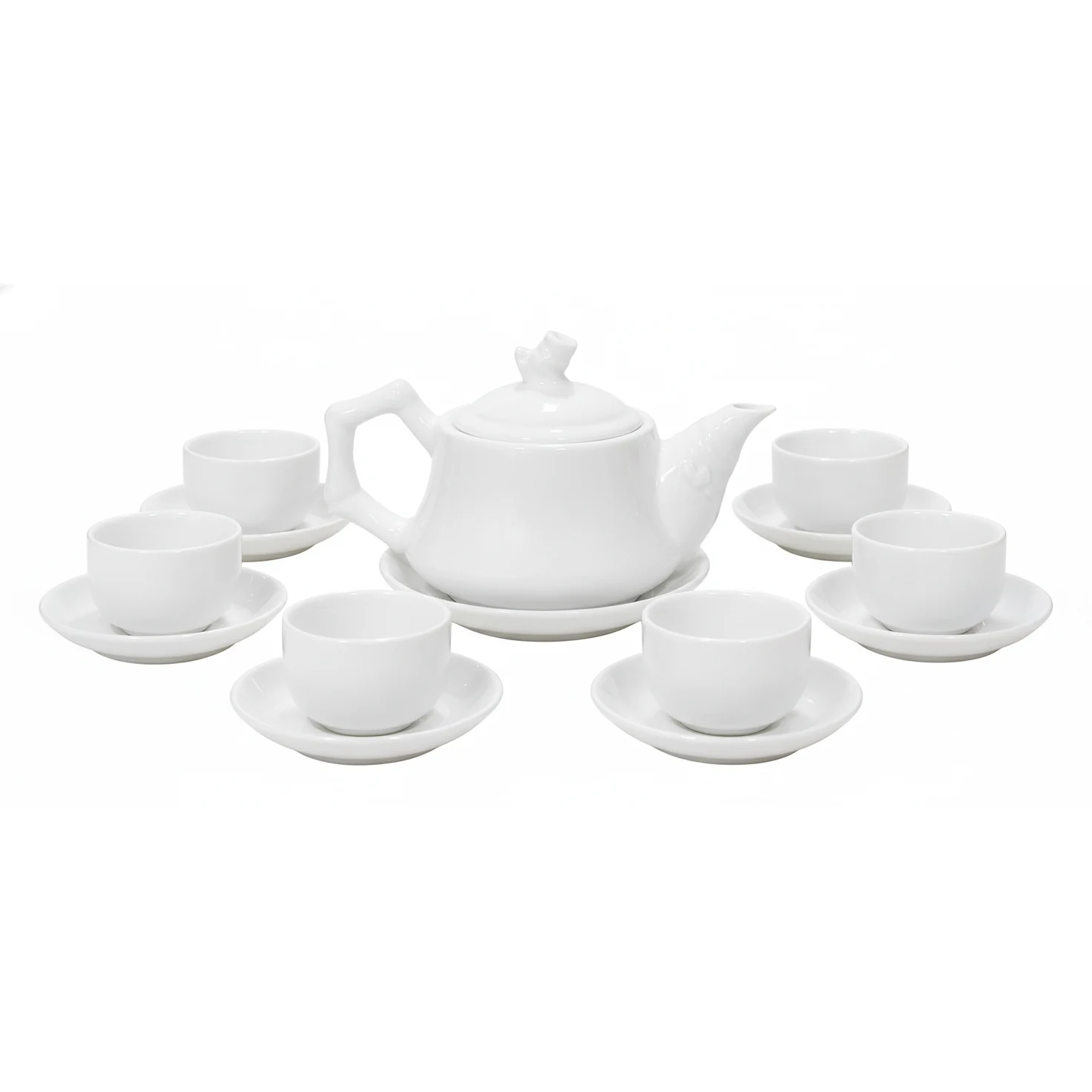 Ấm trắng dáng trúc 400 ml với quai gấp đoạn, sáu chén không quai và bảy đĩa tròn