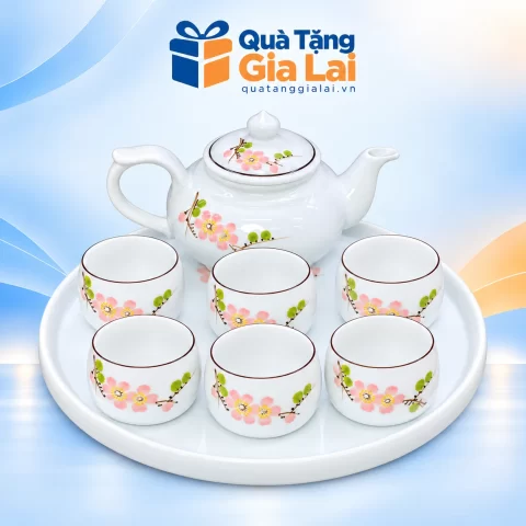 Bộ trà trắng vẽ tay hoa màu hồng đủ sáu chén và khay sứ tròn