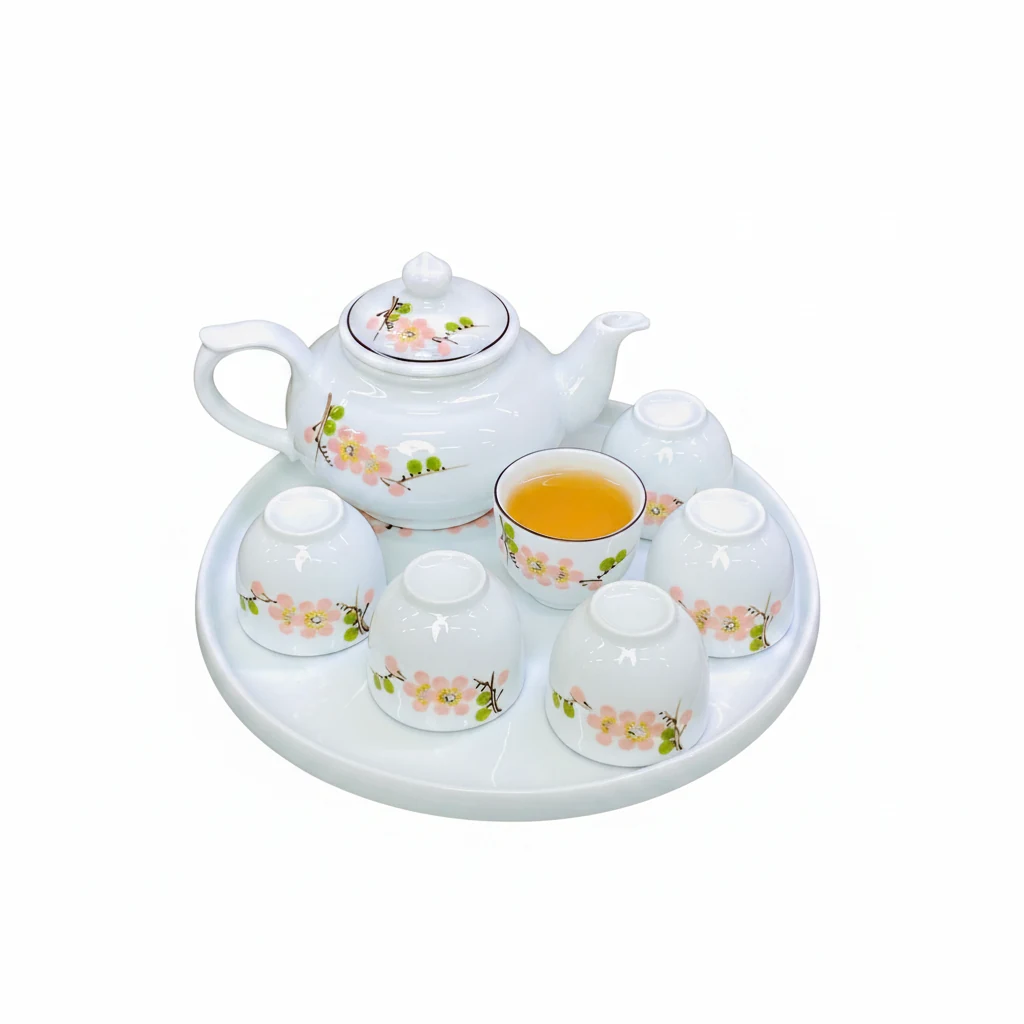 Bộ ấm chén hoa màu hồng vẽ tay kèm khay sứ