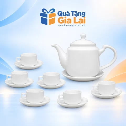 Bộ trà trắng vuông thẳng 02 với sáu chén có quai và bảy đĩa kê