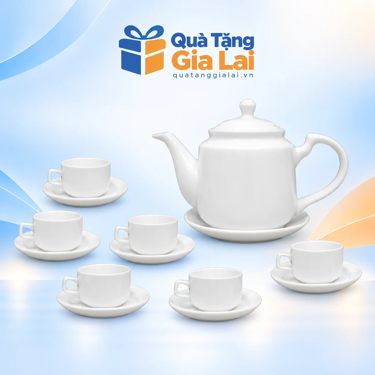 Bộ trà trắng vuông thẳng 02 với sáu chén có quai và bảy đĩa kê