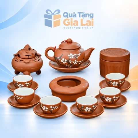 Bộ trà tử sa trúc sen hoa trắng đỏ nâu kèm phụ kiện