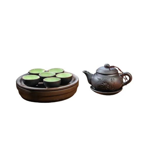 Bộ trà tử sa 200 ml gồm ấm quai vòng, sáu chén, khay tròn và lót kê