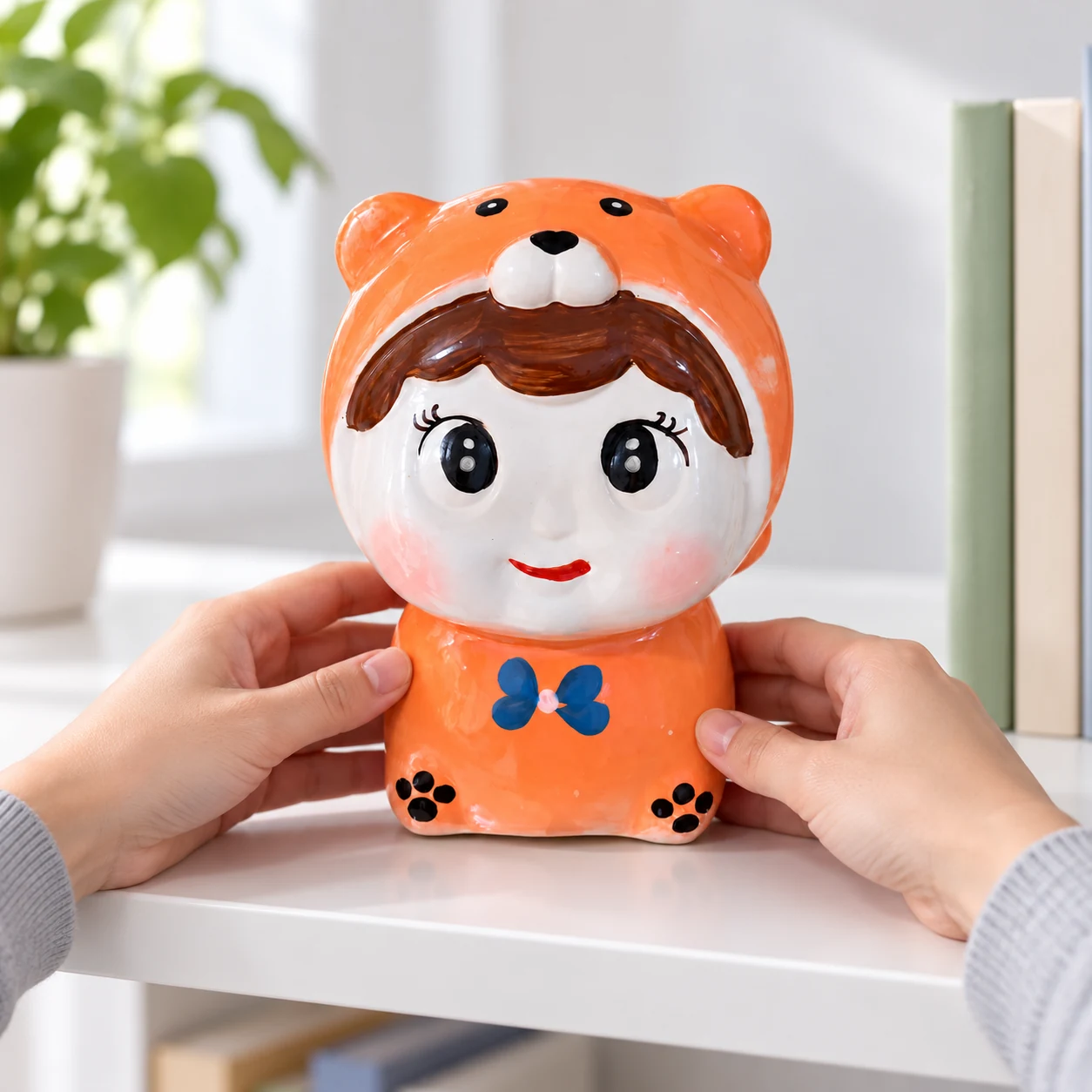Đặt heo đất búp bê áo gấu cam trên kệ gia đình
