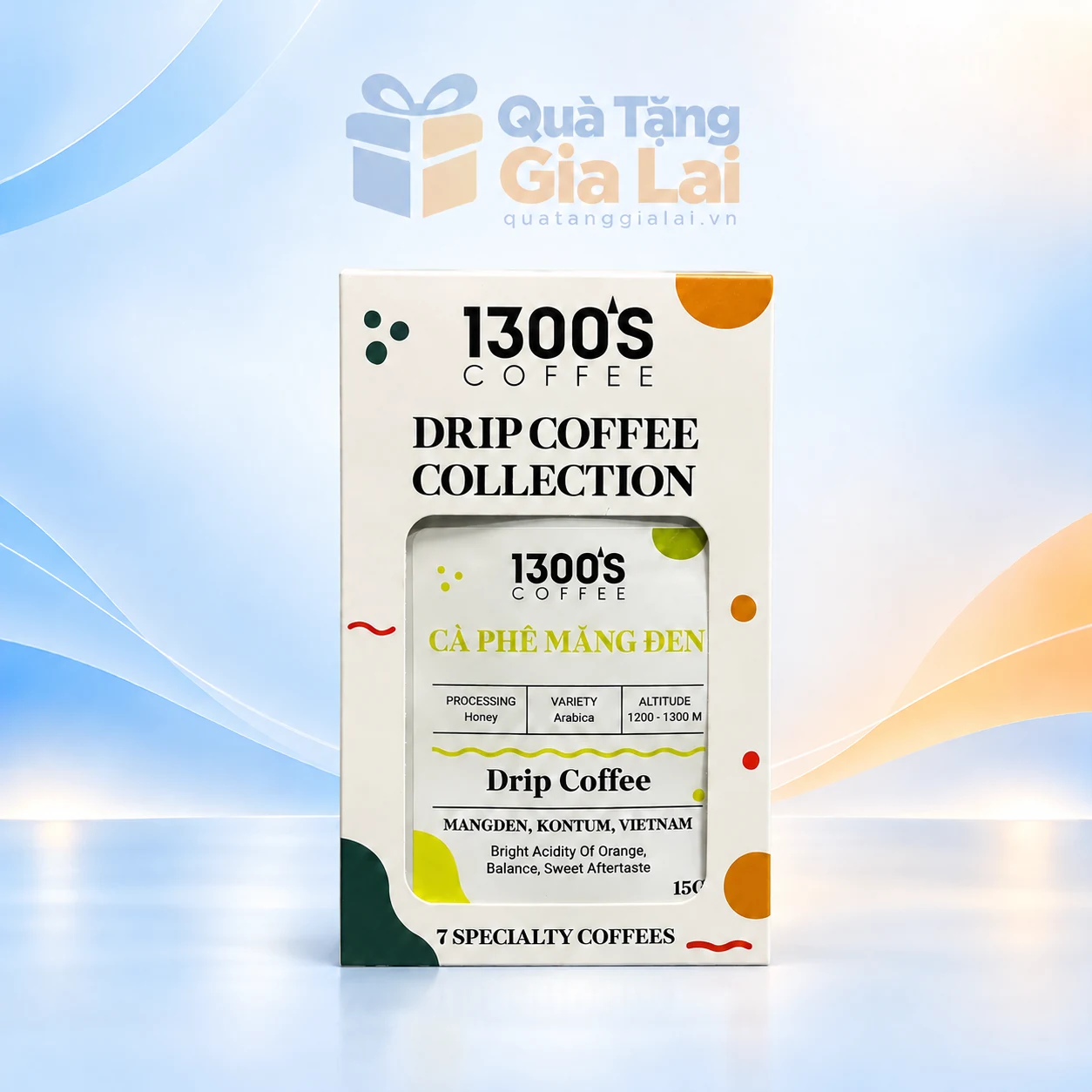 Hộp cà phê 1300S Drip Coffee Collection trên nền Quà Tặng Gia Lai
