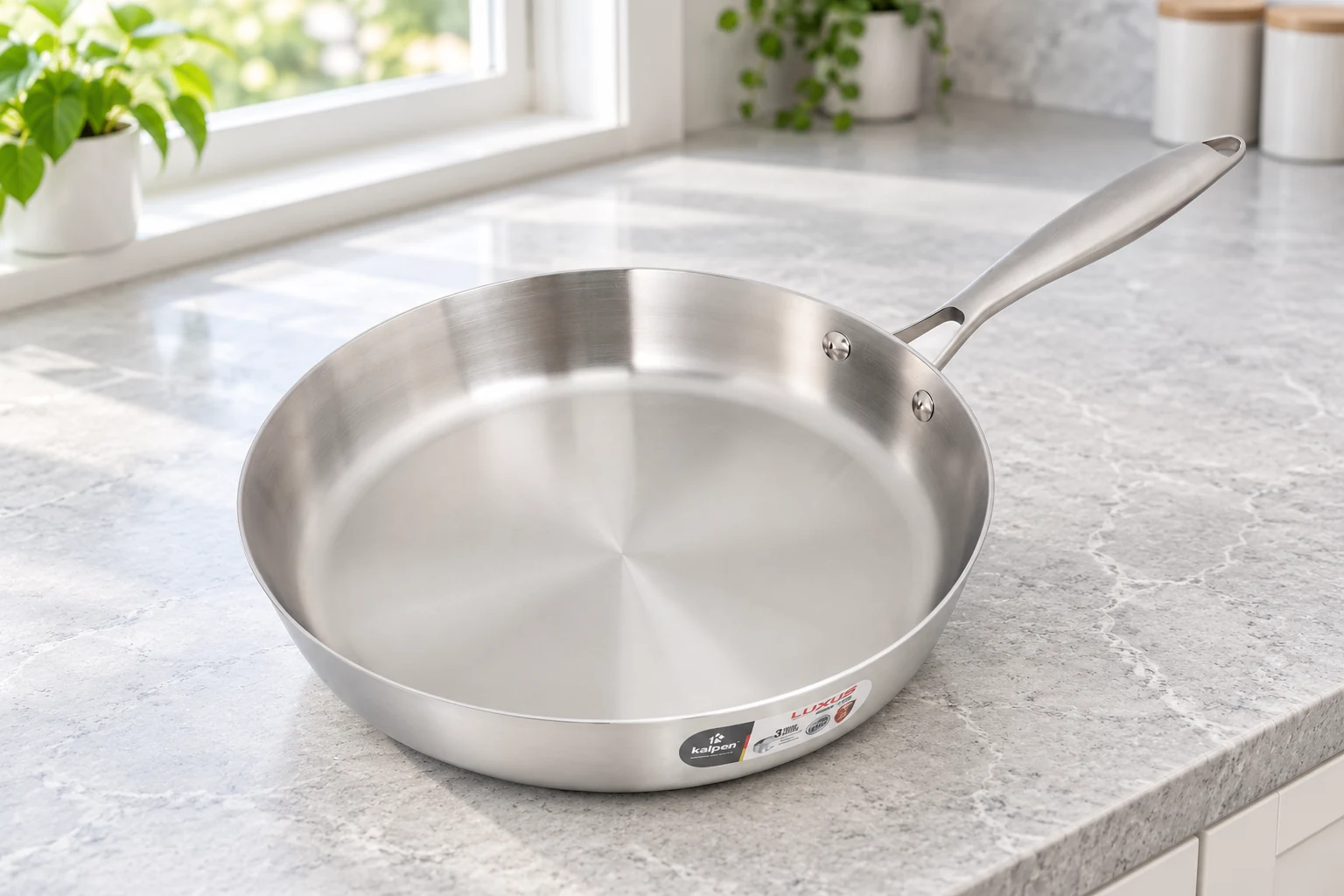 Chảo Kalpen Luxus 28 cm trên bàn bếp sáng màu