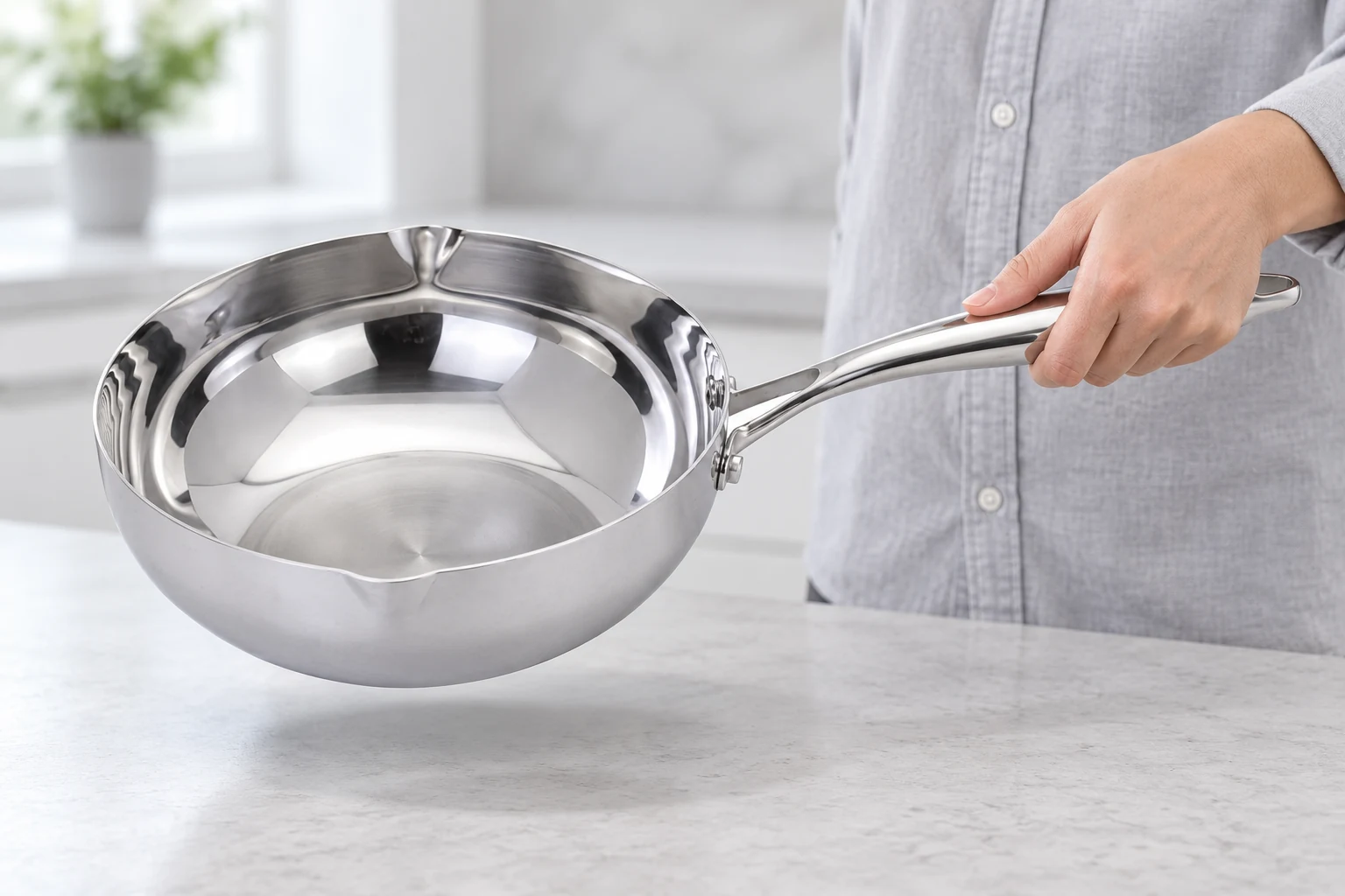 Cầm cán chảo Zenger để xem lòng sâu và miệng rót