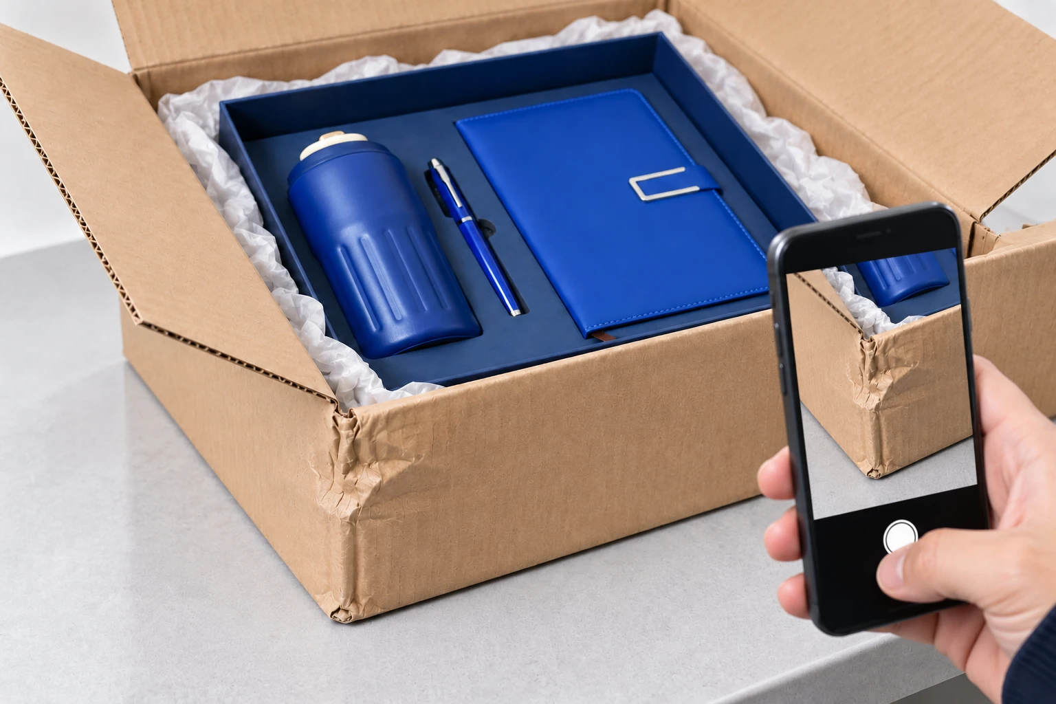 Điện thoại chụp góc thùng carton bị móp, bộ quà xanh còn thấy trong thùng