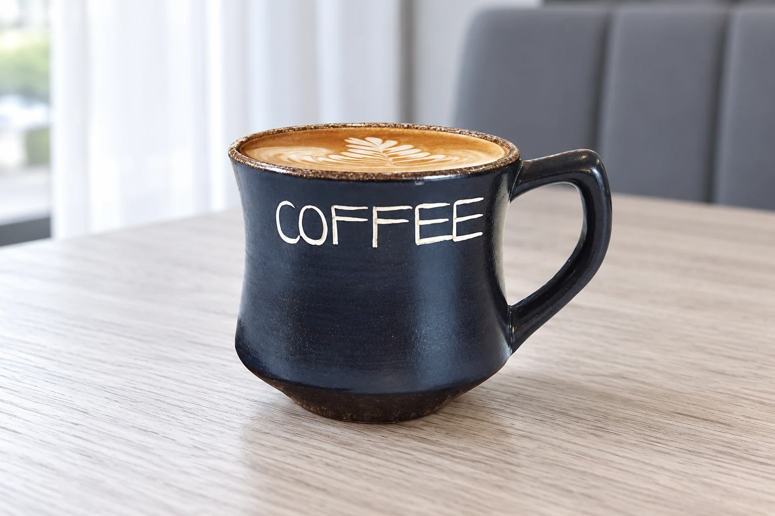 Cốc Bát Tràng dáng eo có chữ COFFEE trên bàn cà phê