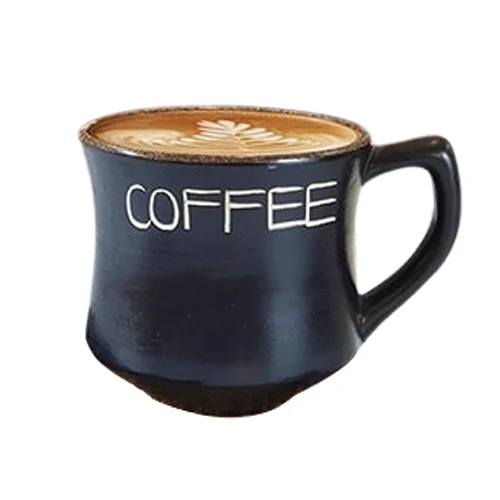 Cốc cà phê dáng eo màu xanh đen, quai bên hông và chữ COFFEE trắng