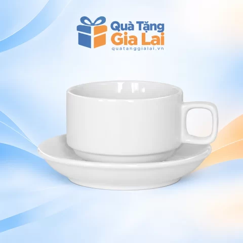 Bộ cốc cà phê sứ trắng Bát Tràng 150 ml với quai vuông bo góc và đĩa tròn