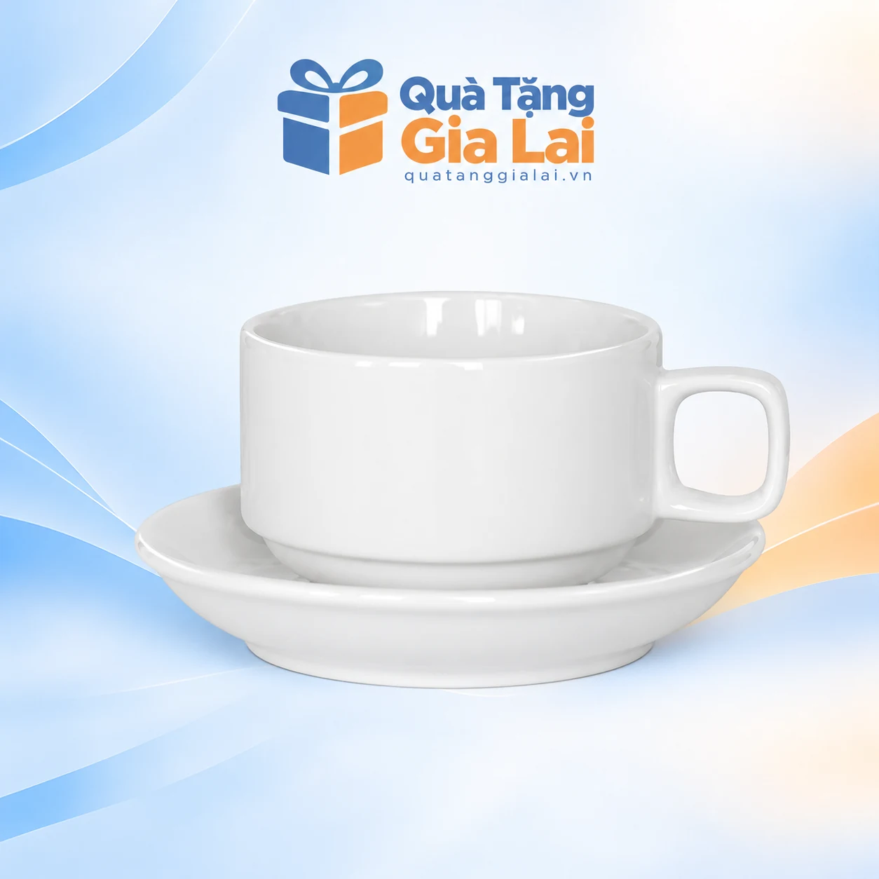 Bộ cốc cà phê sứ trắng Bát Tràng 150 ml với quai vuông bo góc và đĩa tròn