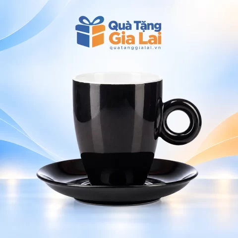 Bộ cốc Latte Bát Tràng 330 ml men đen lòng trắng quai tròn kèm đĩa