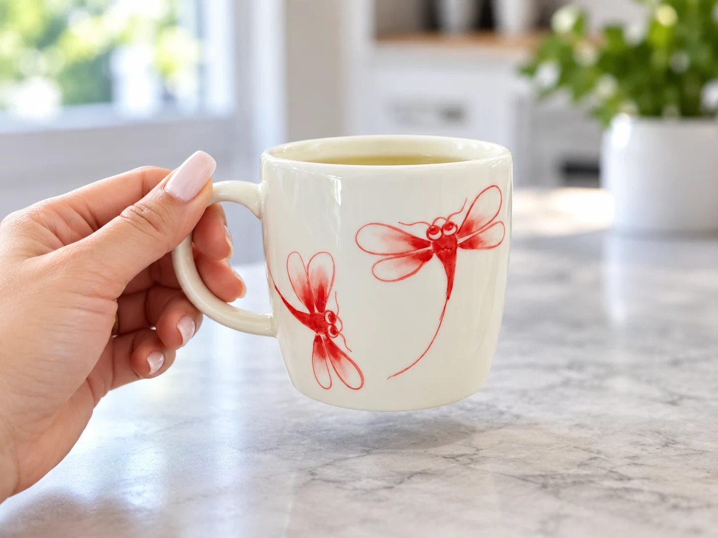 Cầm quai cốc lùn men kem họa tiết chuồn chuồn đỏ