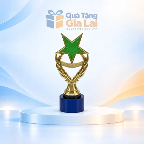 Cúp ngôi sao xanh 02, khung lá vàng và đế xanh đậm trên nền Quà Tặng Gia Lai