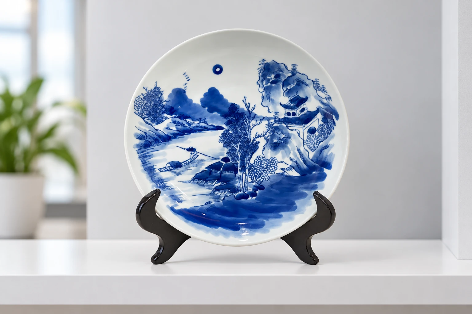 Đĩa biểu trưng sơn thủy18cm trưng trên kệ sáng