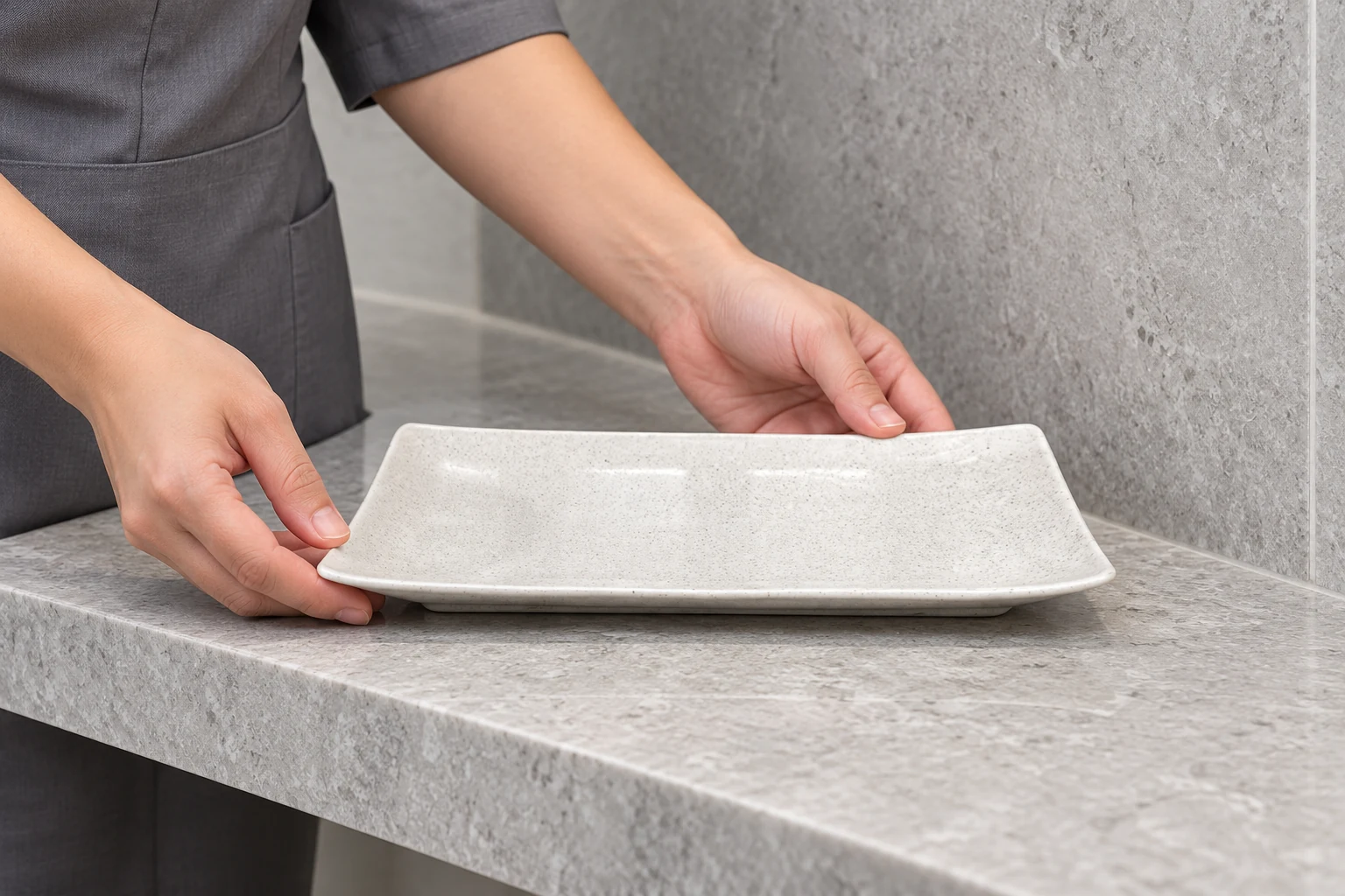 Nhân viên đặt đĩa kê chữ nhật lên kệ phòng tắm