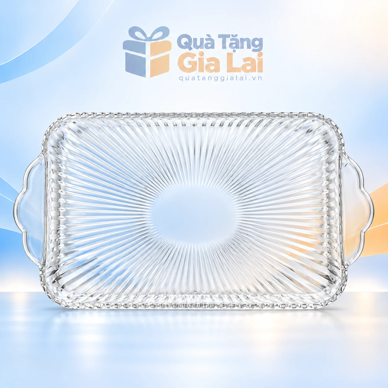 Đĩa thủy tinh DSP249B chữ nhật hai quai, vân tỏa trên nền Quà Tặng Gia Lai