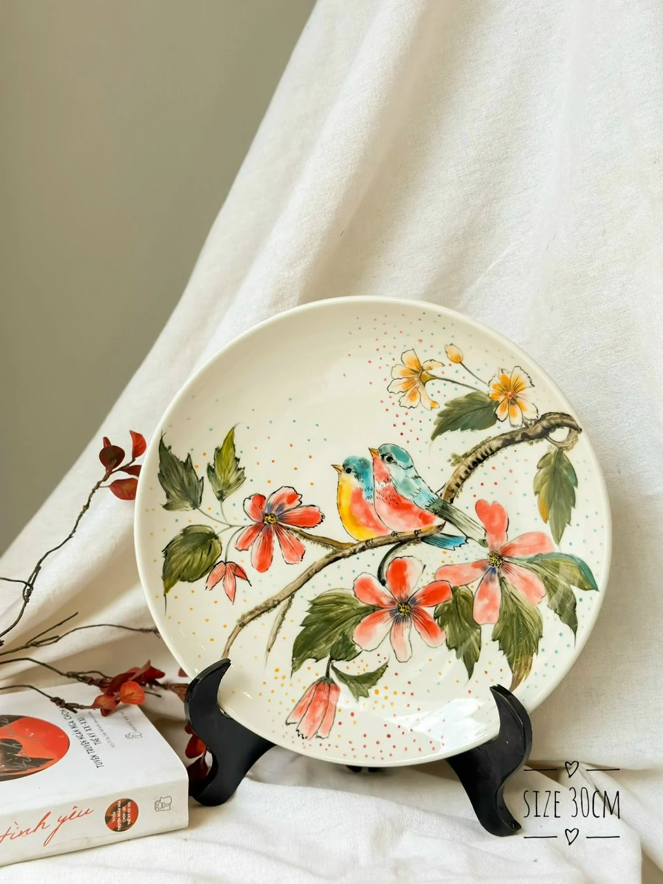 Đĩa 30 cm họa tiết đôi chim trên cành hoa