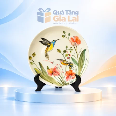 Đĩa biểu trưng vẽ tay30cm hai chim và hoa trên nền Gia Lai