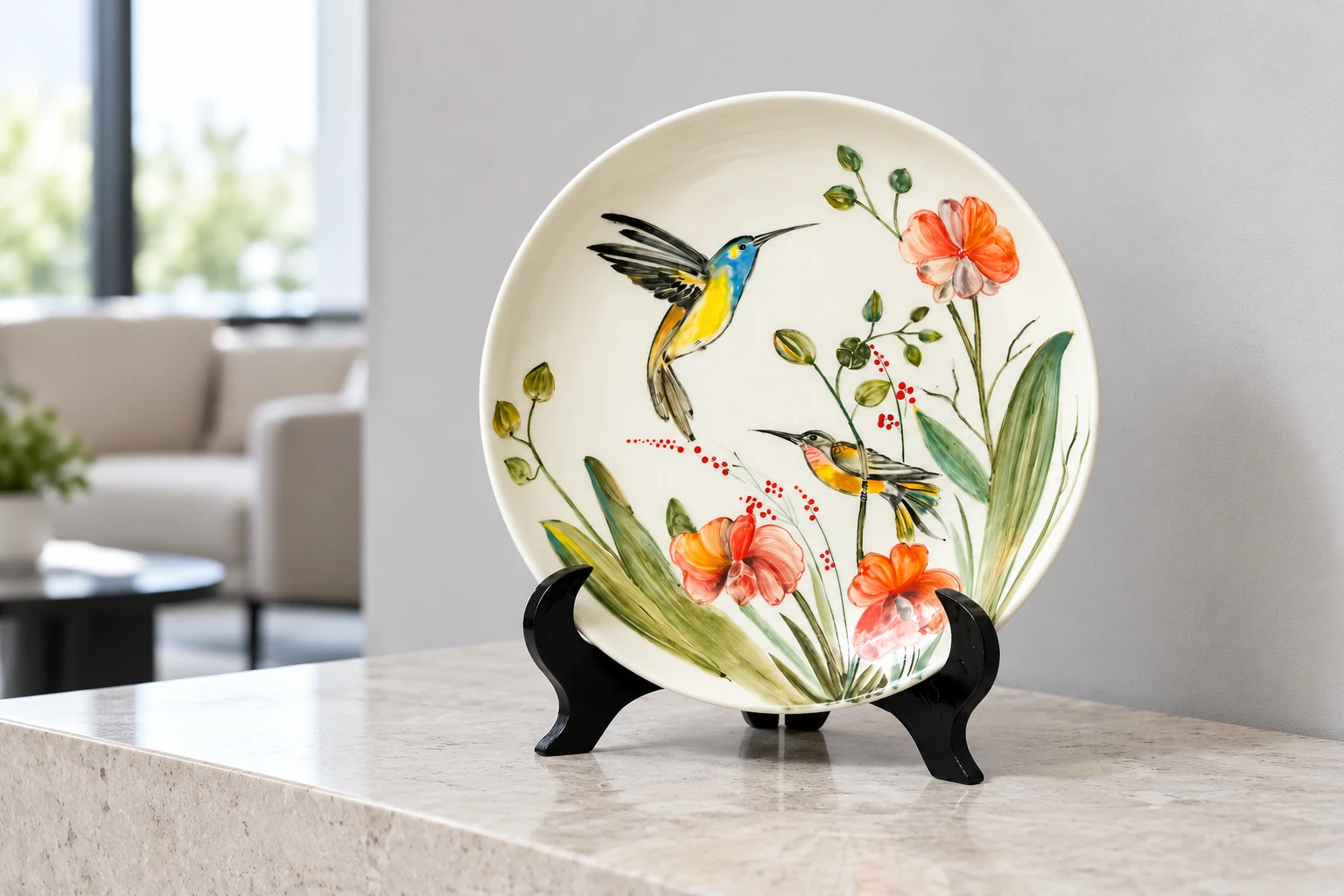 Đĩa vẽ tay30cm đặt trên bàn cạnh khu tiếp khách