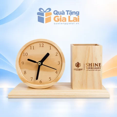 Đồng hồ gỗ tròn kèm ống bút khắc logo trên đế ngang