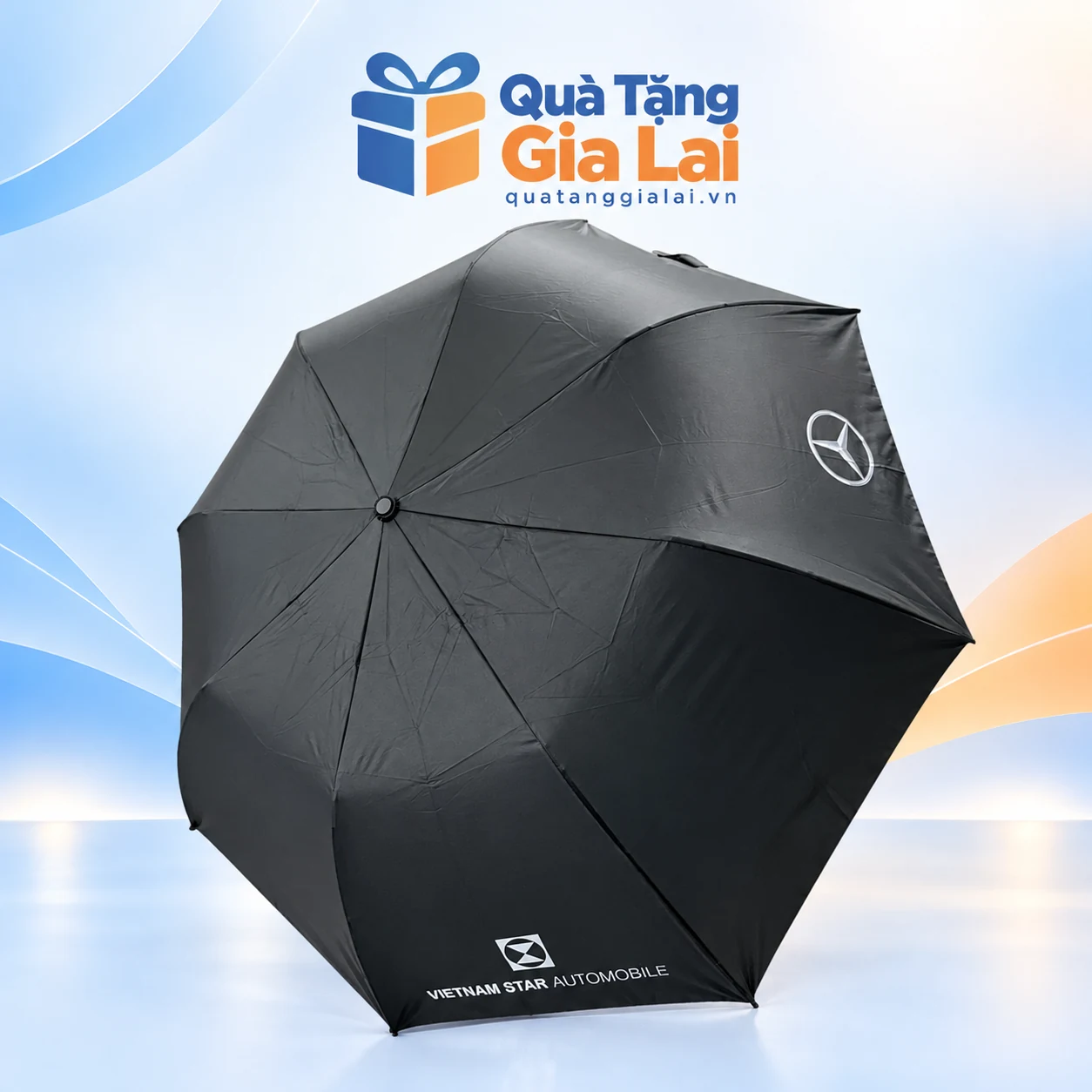 Dù gấp hai 2F108TGN màu đen, tán tám múi với bố cục in trắng