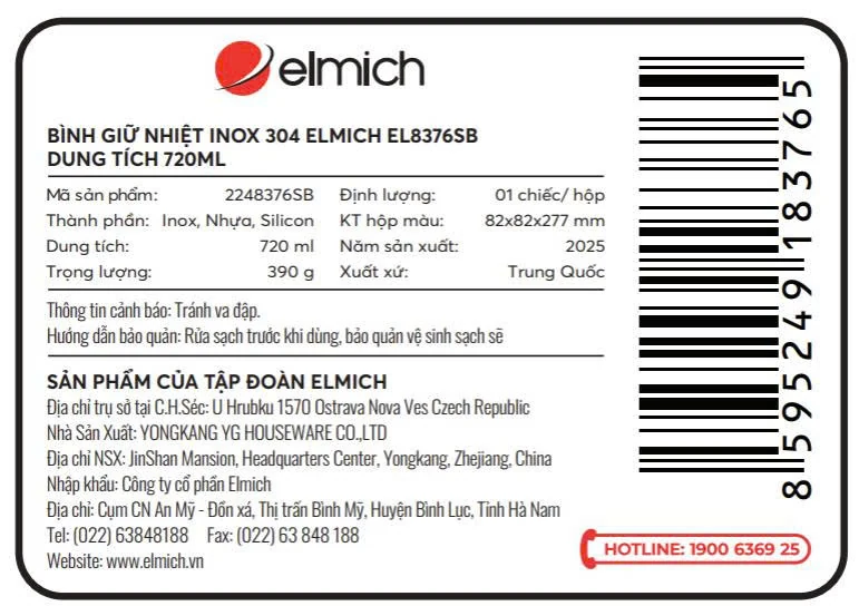 Nhãn Elmich EL8376SB ghi dung tích 720 ml và thành phần sản phẩm