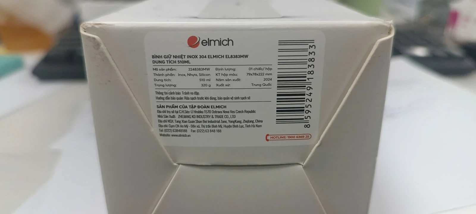 Tem bao bì Elmich EL8383MW ghi dung tích 510 ml và trọng lượng 320 g