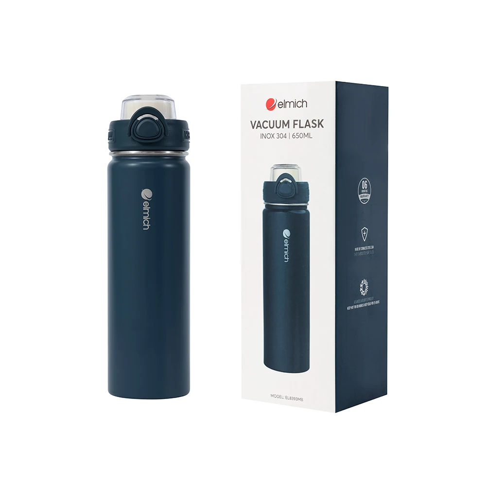 Bình Elmich xanh navy cạnh bao bì ghi EL8393MB và 650 ml