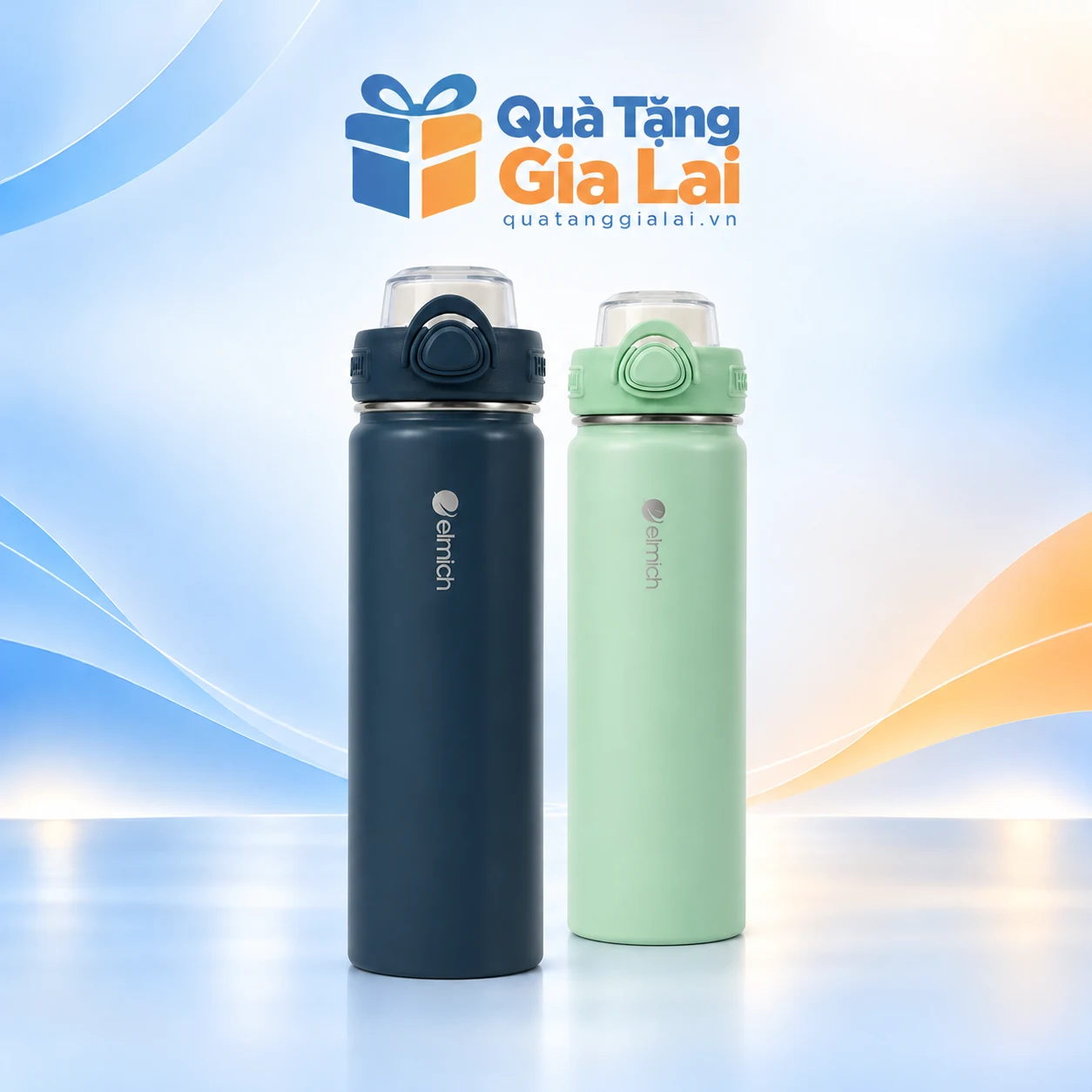 Bình Elmich EL8393 650 ml xanh navy và xanh pastel trên nền Quà Tặng Gia Lai