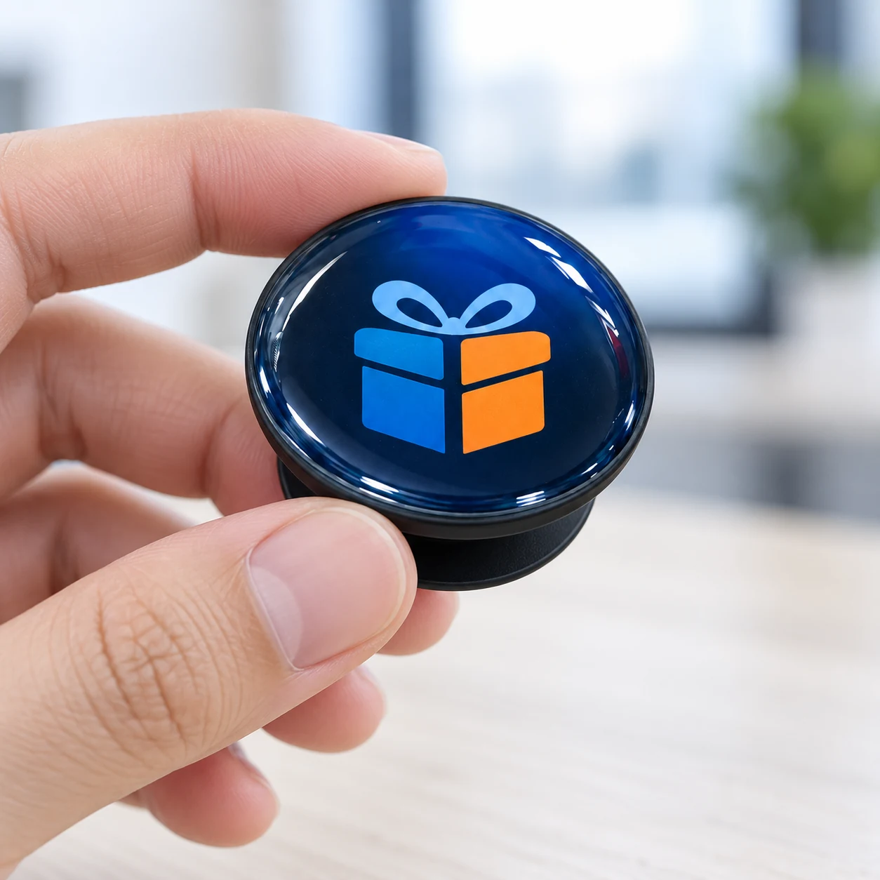 Mặt tròn đổ keo cỡ 4 cm được cầm nhẹ ở mép để xem bố cục logo