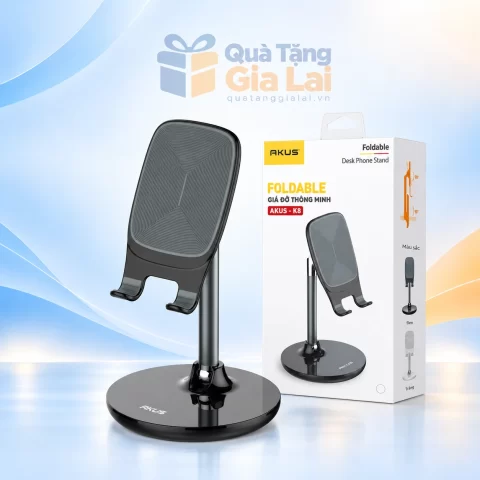 Giá đỡ điện thoại AKUS K8 mẫu đen và hộp bán lẻ trên nền Gia Lai