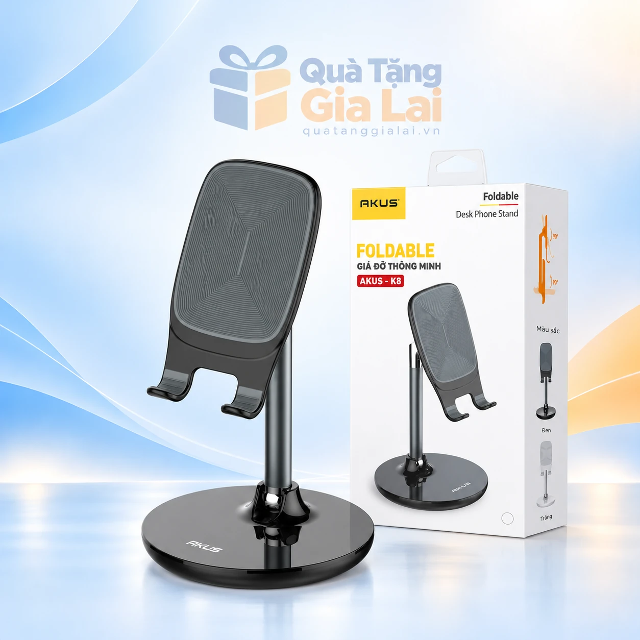 Giá đỡ điện thoại AKUS K8 mẫu đen và hộp bán lẻ trên nền Gia Lai
