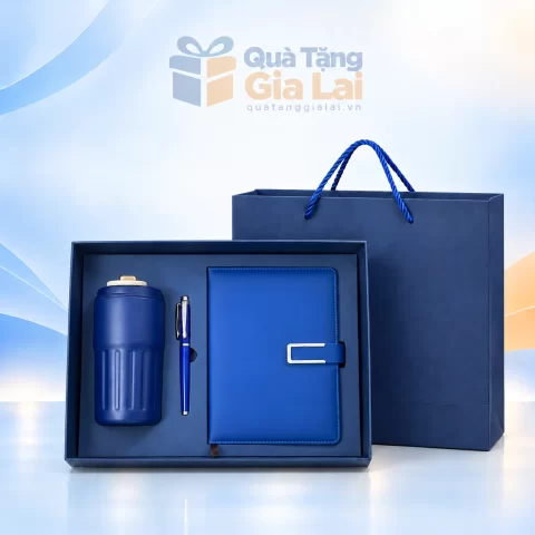 Bộ quà sổ bình bút màu xanh kèm hộp và túi giấy Gia Lai