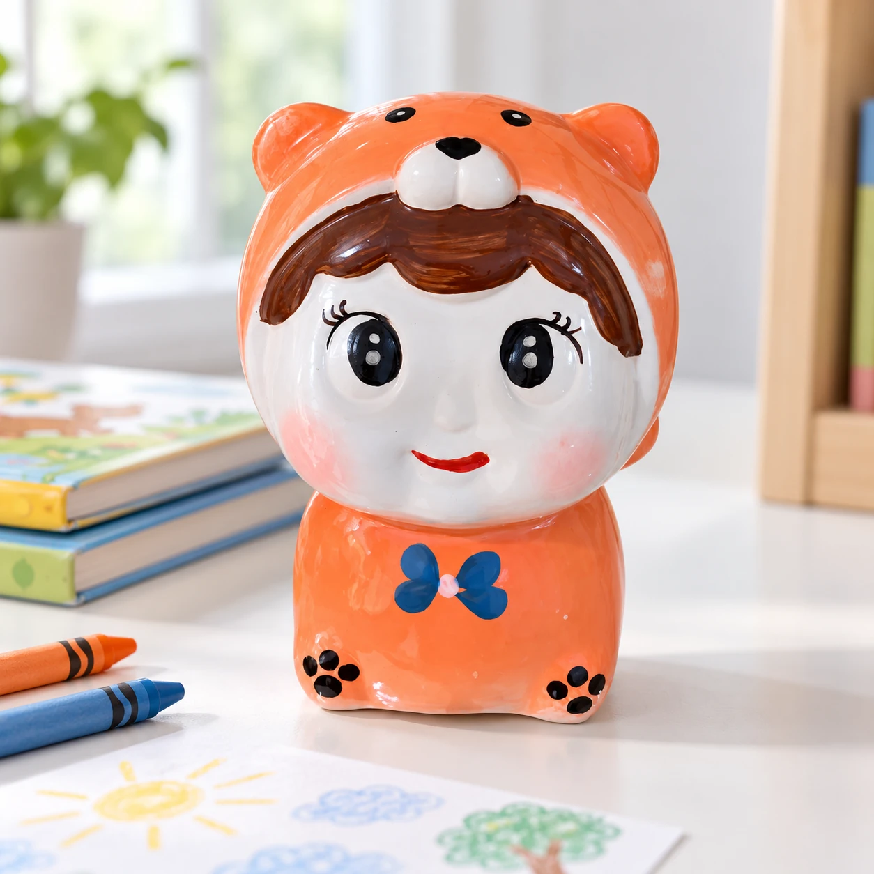 Heo đất búp bê cam đặt tại góc đọc sách và vẽ