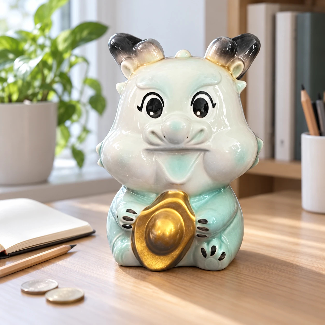 Heo đất rồng S3 tại góc bàn học cạnh sổ và bút